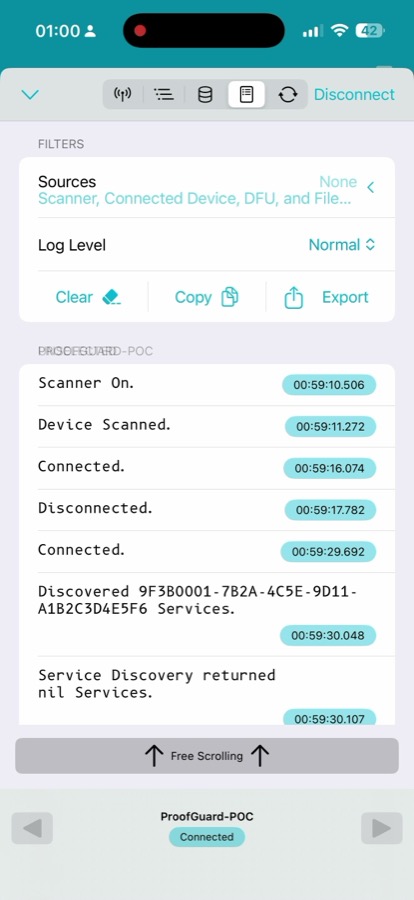 Phone screen listing each step of finding and connecting to the device, with times